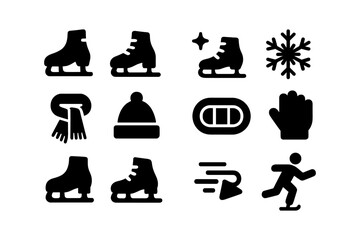 Winter sports icons: skates, snowflakes, and warm apparel