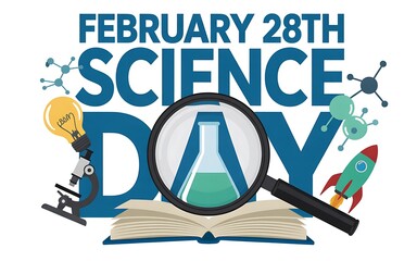 Celebrate february 28th science day with a magnifying glass over a chemistry flask and rocket ship