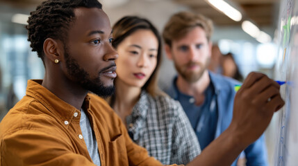 Collaborative programmers brainstorming ideas on whiteboard, showcasing teamwork and creativity in modern workspace