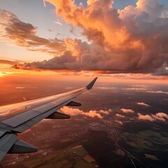 Naklejka premium Winged View: Golden Sunset Flight Over the Earth Landscape from Airplane Window for Vacation Travel and Scenic Journeys