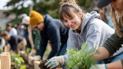 Young adults working together outdoors, planting in community garden, showcasing teamwork and environmental care
