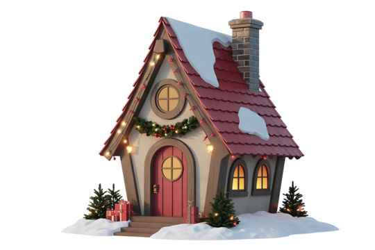 Charming christmas house with snow on the roof isolated on transparent background