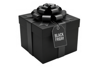 Elegant black gift box with black friday tag isolated on transparent background