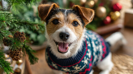 Joyful pet wearing Christmas sweater, surrounded by festive decorations, brings warmth and cheer to holiday season
