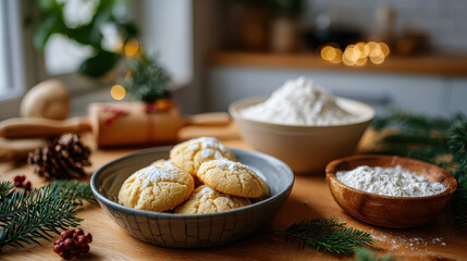 Cozy holiday baking scene featuring freshly baked cookies, flour, and festive decorations creates warm atmosphere
