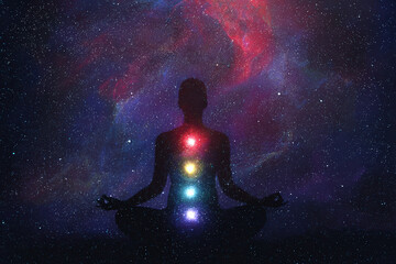 A digital artwork depicting a silhouette of a meditating figure against a vibrant cosmic background, featuring glowing chakras in a serene atmosphere.