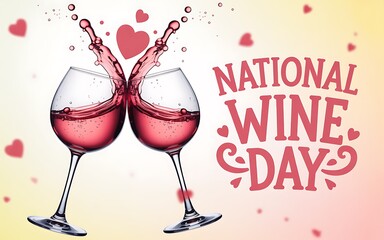 Cheers to national wine day with splashing red wine in elegant glasses and hearts