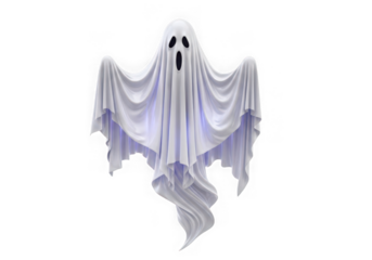 Spooky white ghost costume with frayed edges isolated on transparent background