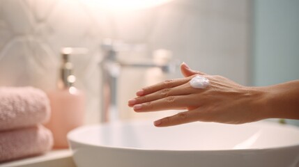 Woman applies moisturizing cream to the back of her hand above a sink in a well lit bathroom