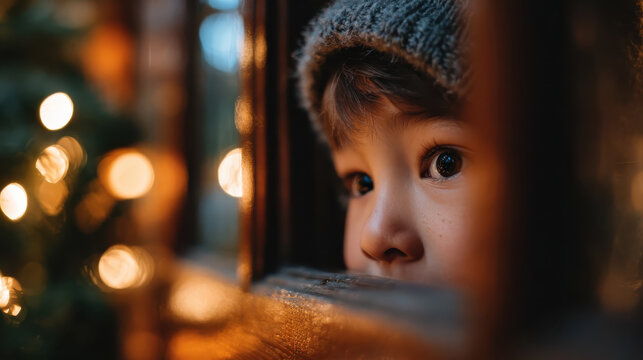 Child peeking through window, excitedly waiting for holiday festivities, with warm lights in background creating cozy atmosphere
