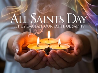 Hands holding three glowing candles on all saints day honoring saints and remembering faith