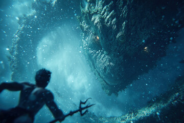Young merman holding trident underwater confronting massive sea creature with glowing eyes, swirling particles surrounding both figures in dramatic aquatic encounter