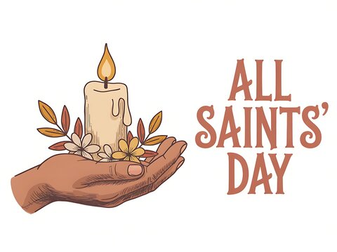 A gentle hand holds a lit candle surrounded by autumn leaves on all saints day