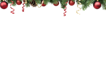 Holiday garland border featuring red baubles, pine cones, berries and curling ribbons on evergreen, isolated on a transparent background