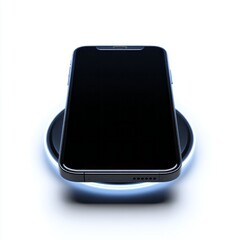 Modern smartphone rests upon a glowing circular wireless charging pad against a bright background