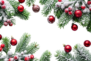Christmas border, snow-dusted pine branches, red frosted ornaments, winter wonderland scene, icy festive decorations, cold weather theme, isolated on a transparent background