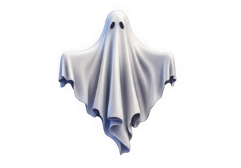 Spooky white ghost costume floating eerily on a transparent background isolated on transparent background