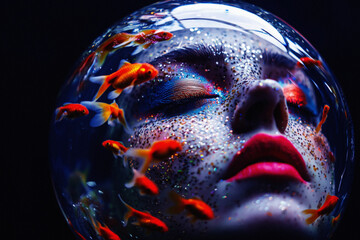 AI. Surreal portrait of the woman with head in aquarium