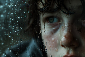 AI. Sad teen behind the wet glass