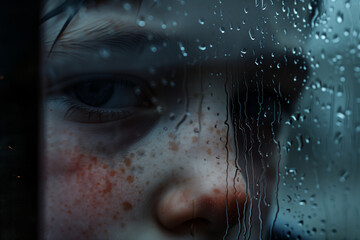 AI. Sad teen behind the wet glass