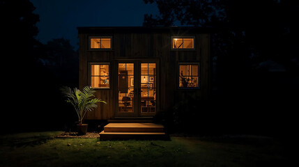 Cozy tiny house at night with warm lighting and modern design