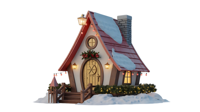 Charming christmas cottage with snow on the roof isolated on transparent background