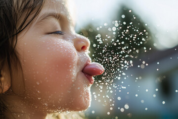 AI. Cute playful girl playing with water splashes