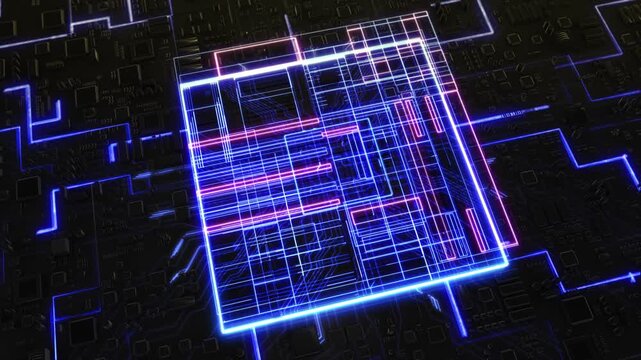 Close-Up Of Futuristic Circuit Board With Glowing Blue And Pink Lines Illustrating Digital Energy Flow, Artificial Intelligence, And Advanced Computing Systems. Futuristic Chip Animation.