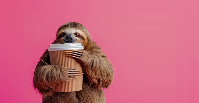Take your time, take your coffee – a happy sloth hugging a giant takeaway cup, humorous surreal video perfect for advertising campaigns, lifestyle branding, and playful social media promotions.