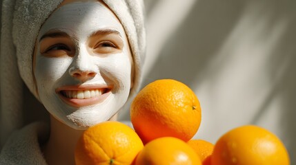 Young woman with facial mask smiles brightly next to pile of fresh citrus fruit