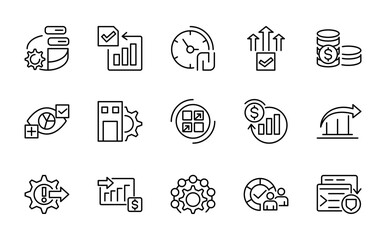 Productivity line icon set. Containing development, improvement, process, setting, setup, workflow, gear, streamlining, lean processes, time line icon set. Ui thin line icon pack.