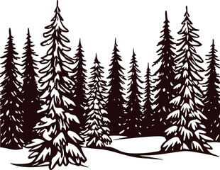 Obraz premium Hand drawn pine tree forest silhouette with snowy ground vintage engraved monochrome landscape illustration