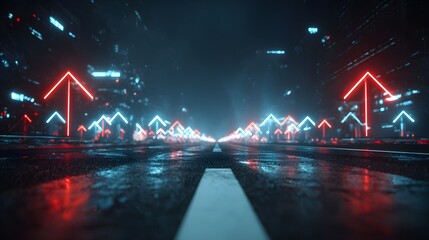 Numerous glowing upward directional signs illuminate a wet futuristic roadway at night