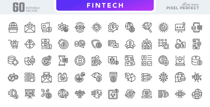 Fintech line icon set. Bitcoin, financial management, digital economy, currency, digital security, wallets, savings, investment vector outline icons. Pixel-perfect editable stroke