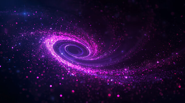 A mesmerizing cosmic spiral of purple and pink sparkling particles against a dark background