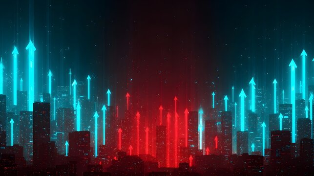 Illuminated city skyline displays dual streams of bright upward pointing arrows in contrasting colors against a dark night sky.