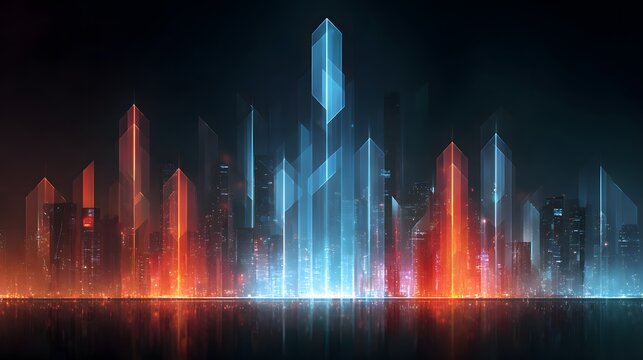 Towering futuristic metropolis glows with contrasting neon energy over dark water