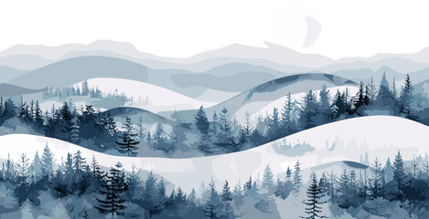 A serene winter landscape featuring rolling snowy hills, layered blue mountains, and dense pine forests under a pale sun.