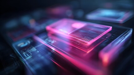 Glowing holographic circuit boards are stacked in a dark, futuristic digital environment