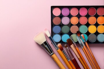 Makeup brushes and vibrant cosmetic powders arranged above a solid pale pink surface
