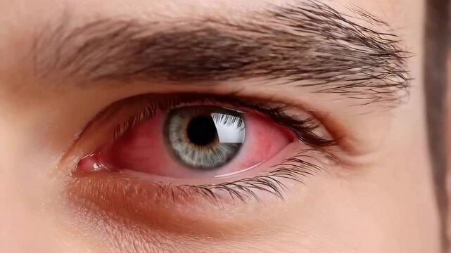A close-up shot of an eye opening to reveal severe redness, irritation, and inflammation. The eye then closes.