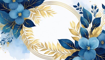 wedding invitation cards blue leaves floral gold circle modern design watercolor backdroud decorative greeting card