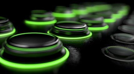 Rows of glossy black circular elements glow with bright neon green illumination
