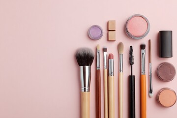Assortment of cosmetic application tools and makeup products arranged on a pale pink surface
