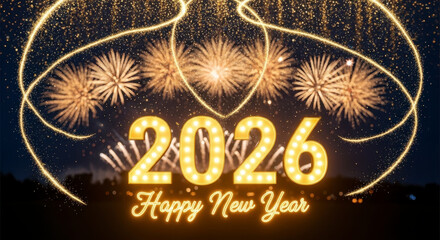 Celebrate the arrival of 2026 with dazzling fireworks and golden year typography for festive events