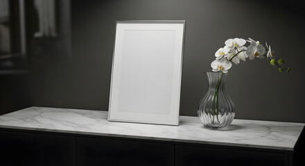 Blank frame mockup with white orchid on marble