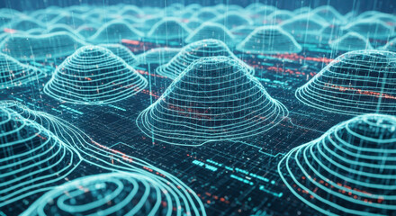 Dynamic digital landscape with glowing topographic lines representing data flow and analysis