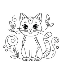 Cute Cartoon Cat Line Art Illustration with Floral Elements.