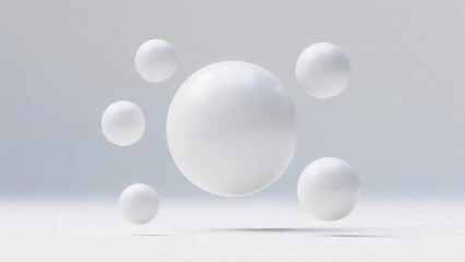 A minimalist illustration showcases pristine white spheres in a surreal and floating composition,