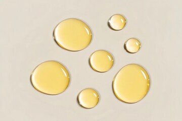Close up macro view of multiple golden yellow liquid droplets of oil or serum on a neutral beige background